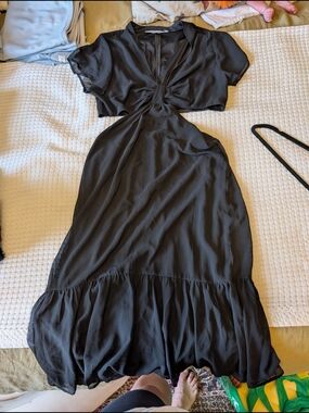 Black Twist-Front Midi Dress with Cutout